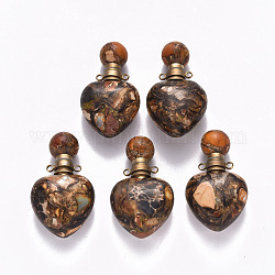 Heart Assembled Natural Bronzite and Synthetic Imperial Jasper Openable Perfume Bottle Pendants, with Brass Findings, Dyed, Peru, Capacity: 1ml(0.03 fl. oz), 37.5~38.5x22x13mm, Hole: 1.8mm