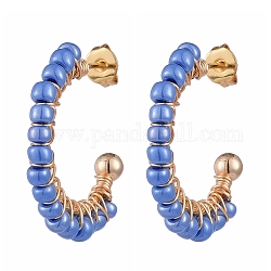 Laiton Stud, boucles d'oreilles demi-créoles, avec perles de rocaille en verre et poussoirs d'oreilles en plastique, bleuet, 21.5x24x4mm, pin: 0.6 mm