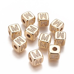 Brass Micro Pave Cubic Zirconia Beads, Horizontal Hole, Real 18K Gold Plated, Long-Lasting Plated, Cube with Letter, Clear, Letter.M, 9x9x9mm, Hole: 3.5mm