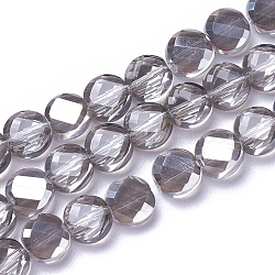 Electroplate Glass Beads Strands, Faceted, Flat Round, Pearl Luster Plated, Gray, 8~8.5x4~4.5mm, Hole: 1mm, about 70~72pcs/strand, 21.2 inch(54cm)