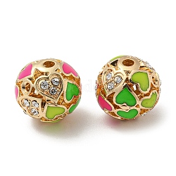 Golden Alloy Enamel Beads, with Rhinestone, Round with Heart, Lime Green, 12x11.5mm, Hole: 1.8mm