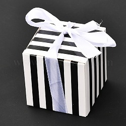 Scatola regalo di carta creativa pieghevole quadrata, motivo a righe con nastro, confezione regalo decorativa per matrimoni, bianco, 55x55x55mm