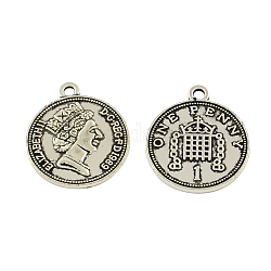 Tibetan Style One Penny Alloy Coin Pendants, Flat Round with Queen Elizabeth II, Cadmium Free & Lead Free, Antique Silver, 23x20x1.5mm, Hole: 2mm, about 238pcs/500g