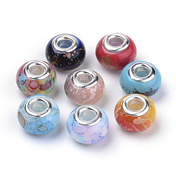 Spray bemalte Glasperlen europäischen, Großloch perlen, mit versilberten Messingkernen, Rondell, Mischfarbe, 14.5~15x10 mm, Bohrung: 5 mm