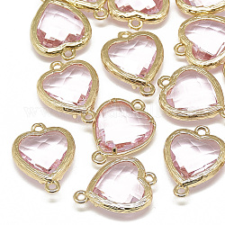 Glasverbindungsstecker, mit goldenen Messing Zubehör, facettiert, Herz, rosa, 15x10x3 mm, Bohrung: 1 mm