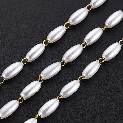 304 cadenas de perlas de imitación de plástico abs y acero inoxidable, soldada, con carrete, oval, real 16k chapado en oro, 6x3mm, aproximadamente 65.62 pie (20 m) / rollo