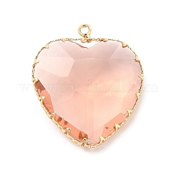 K9 Glass Pendants, Heart Charms, with Light Gold Tone Brass Findings, Faceted, Topaz, 31x28x9mm, Hole: 2mm