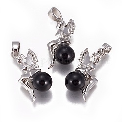 Pendentifs en obsidienne naturelle, avec les accessoires en laiton de tonalité de platine, fée, 25~26x12~13x8mm, Trou: 3.5x5.5mm