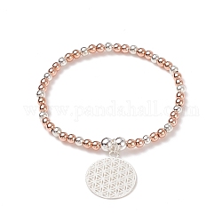 Bracciale elasticizzato in ottone bicolore con perline tonde e charm floreale da donna, platino e oro rosa, diametro interno: 2-1/8 pollice (5.4 cm)