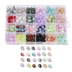 288 pièces 24 couleurs perles de verre craquelées transparentes, ronde, couleur mixte, 10~10.8x9~9.5mm, Trou: 1.6~2mm, 12 pcs / couleur