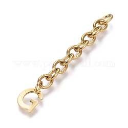 304 extensor de cadena de acero inoxidable, con cadena de cable y dijes de letras, dorado, letter.g, 67.5mm, link: 8x6x1.3 mm, letra g: 11x9.5x0.7 mm