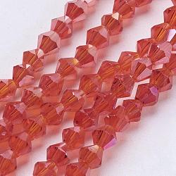 Chapelets de perles en verre, de couleur plaquée ab , facette, Toupie, rouge, 4x4mm, Trou: 1mm, Environ 92~96 pcs/chapelet, 13.78~14.37 pouce