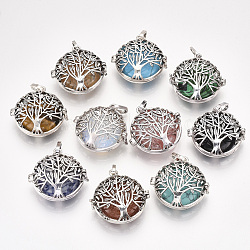 Alloy Cage Big Pendants, Hollow, with Natural/Synthetic Gemstone Beads, Flat Round with Tree, Antique Silver, 34.5x35x16mm, Hole: 8.5x3.5mm, Inner Diameter: 27.5mm, Bead: 24.5~25x5.5mm