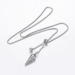 Adjustable 304 Stainless Steel Lariat Necklaces, Slider Necklaces, Round & Conch, Stainless Steel Color, 25.5 inch(65cm), 36x12.5x9mm