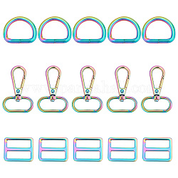 Gorgecraft 15 Stück 3 Stil Regenbogenfarben Drehverschlüsse aus Zinklegierung, mit D-Ringen, Schiebeschnallen, für Taschenersatzzubehör, 4.7~50x4.7~31.5x3.6~6 mm, 3 Stil, 5pcs / style
