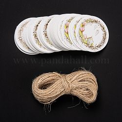Flat Round Paper Gift Tags, Hang Tags, with Jute Twine, for Wedding Party Decorate, Flower Pattern, 4x0.05cm, Hole: 3mm, 50pcs/bag