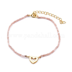 Bracelets à maillons en laiton, avec perles en pierre de soleil naturelle et fermoirs à ressort, cœur, véritable 14k plaqué or, 6-1/2 pouce (16.5 cm)