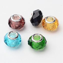 Glasperlen europäischen, Großloch perlen, mit Messing-Doppelkerne, facettiert, Rondell, Mischfarbe, 14x10 mm