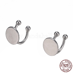 925 Sterling Silver Cuff Earrings, with Cabochon Settings, Flat Round, Silver, Tray: 8mm, 10x10.5x1~2.5mm