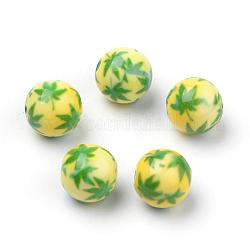 Perles acryliques imprimés opaques, rond avec motif feuille de pot/feuille de chanvre, vert jaune, 11.5~12x11mm, Trou: 2.5mm