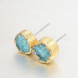 Flat Round Natural Druzy Agate Stud Earrings, with Golden Plated Brass Findings, Turquoise, 10x6~7mm, Pin: 0.8mm