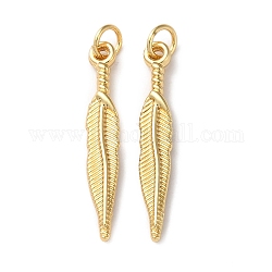 Brass Pendants, Long-Lasting Plated, Lead Free & Cadmium Free, with Jump Ring, Feather Charm, Real 18K Gold Plated, 28~28.5x4.5x2mm