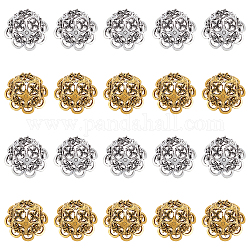 Wadorn 40pz 2 colori copri perline in lega di zinco stile tibetano, multi-petalo, fiore, argento antico e oro antico, 24.5~25x16mm, Foro: 2x5 mm, 20 pz / colore
