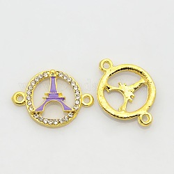 Conectores de enlaces de múltiples piedras de rhinestone de esmalte de aleación de tono dorado, anillo con la torre Eiffel, Violeta Azul, 25x18x3mm, agujero: 2 mm