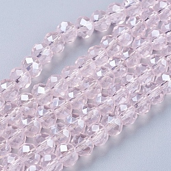 Glass Beads Strands, Pearl Luster Plated, Crystal Suncatcher, Faceted Rondelle, Pink, 6x4mm, Hole: 1mm, about 95pcs/strand, about 14 inch