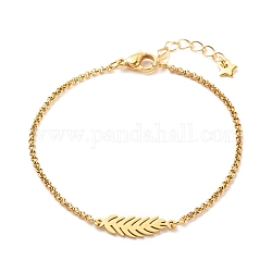 201 Stainless Steel Feather Link Bracelet with 304 Stainless Steel Box Chains for Women, Golden, 7-1/2 inch(19cm)