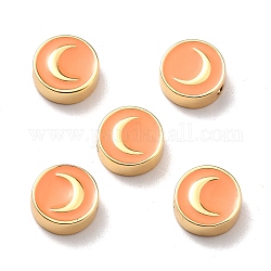 Brass Enamel Beads, Real 18K Gold Plated, Long-Lasting Plated, Cadmium Free & Lead Free, Flat Round with Moon Pattern, Orange, 10x3.5mm, Hole: 1.6mm
