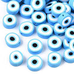 Perles en pâte polymère manuel, rond et plat avec des mauvais œil, bleu profond du ciel, 9~10x3.5~4.5mm, Trou: 1.5mm