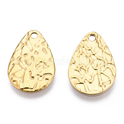 Ion Plating(IP) 304 Stainless Steel Pendants, Textured, Teardrop Charm, Real 18K Gold Plated, 16.5x11x0.8mm, Hole: 1.4mm