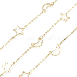 Brass Link Chains, Real 18K Gold Plated, Unwelded, with Spool, Moon and Star, Real 18K Gold Plated, 1.5x1x0.2mm, 10x6x1mm, 8x8x1mm