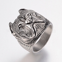 304 Stainless Steel Puppy Finger Rings, Wide Band Rings, Bulldog Head, Antique Silver, 17~22mm