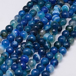 Natur Streifen Achat Perlen Stränge, facettiert, gefärbt, Runde, marineblau, 8 mm, Bohrung: 1 mm, ca. 48 Stk. / Strang, 15 Zoll