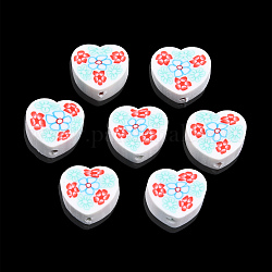 Handmade Polymer Clay Beads, Heart with Flower, White, 9x10x4.5mm, Hole: 1.2mm