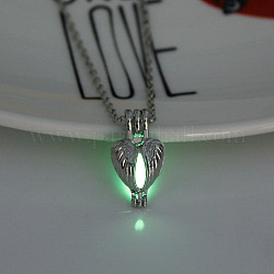 Double Wing Alloy Cage Pendant Necklace with Luminous Plastic Beads, Glow In The Dark Jewelry for Women, Platinum, Medium Spring Green, 17.72 inch(45cm)
