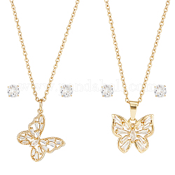 HOBBIESAY 2 Sets 2 Styles Clear Cubic Zirconia Stud Earrings & Butterfly Pendant Necklaces Set, Brass & 304 Stainless Steel Jewelry Set for Women, Golden, 17.51~18.11 inch(44.5~46cm), 5mm, Pin: 0.7mm, 1 Set/style