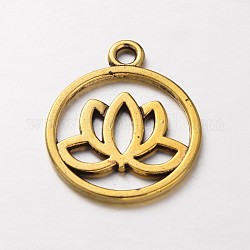 Tibetan Style Filigree Alloy Pendants, Flat Round with Lotus, Cadmium Free & Lead Free, Antique Golden, 24x20x1.5mm, Hole: 2.3mm
