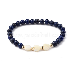 Stretch Beaded Bracelets, with Heart Natural Trochid Shell Beads, Round Natural Lapis Lazuli(Dyed) Beads and Golden Plated Brass Beads, Inner Diameter: 2-1/8 inch(5.5cm)