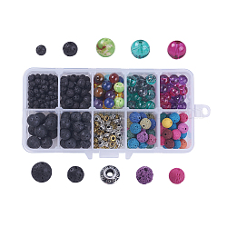 DIY Jewelry Making, Chakras Theme, Resin & Natural Lava Rock & Red Agate & Lapis Lazuli & Tiger Eye & Regalite & Amethyst & Synthetic Turquoise Beads, Glass Beads and Alloy Spacer Beads, Round Beads: 4/6/8/10mm, Hole: 1~2mm, 283pcs/box, Spacer Beads: 60pcs/box