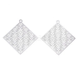 201 Stainless Steel Filigree Pendants, Etched Metal Embellishments, Rhombus, Stainless Steel Color, 38x36x0.3mm, Hole: 1.6mm, Diagonal Length: 38mm, Side Length: 26mm