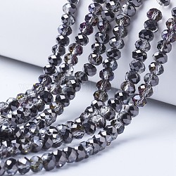 Placcare trasparente perle di vetro fili, mezzo placcato, sfaccettato, rondelle, nero placcato, 6x5mm, Foro: 1 mm, circa 85~88pcs/filo, 16.1~16.5 pollice (41~42 cm)