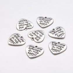 Tibetan Style Alloy Pendants for Valentine's Day, Heart with Word, Lead Free & Cadmium Free, Antique Silver, 20x21x2mm, Hole: 1.5mm