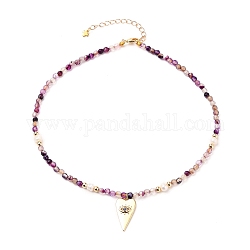 Messing Micro Pave Zirkonia Herz Anhänger Halsketten, mit natürlichen Achat Perlen, natürliche Perlenperlen und 304 Hummerkrallenverschlüsse aus Edelstahl, Farbig, 15-5/8 Zoll (39.7 cm)