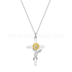 SHEGRACE Brass Pendant Necklaces, with Grade AAA Cubic Zirconia, Cross with Sunflower, Clear, Platinum & Golden, 17.32inch(44cm)