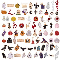 80 Stück Halloween-Emaille-Anhänger, für die Herstellung von Schmuckarmbändern, golden, Geist & Hut & Kürbis, Mischfarbe, 12~40x10~16 mm