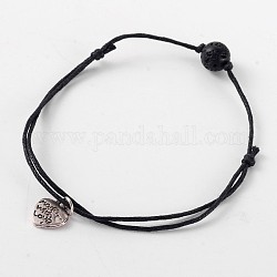 Trendy Waxed Cotton Cord Anklets, with Lava Rock Beads and Tibetan Style Antique Silver Alloy Heart Charms, 150~300mm
