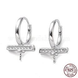 Rhodium Plated 925 Sterling Silver Micro Pave Clear Cubic Zirconia Hoop Earring Findings, for Half Drilled Pearl Beads, Rectangle, Real Platinum Plated, 13.8x9.5mm, Pin: 0.7mm & 0.8mm